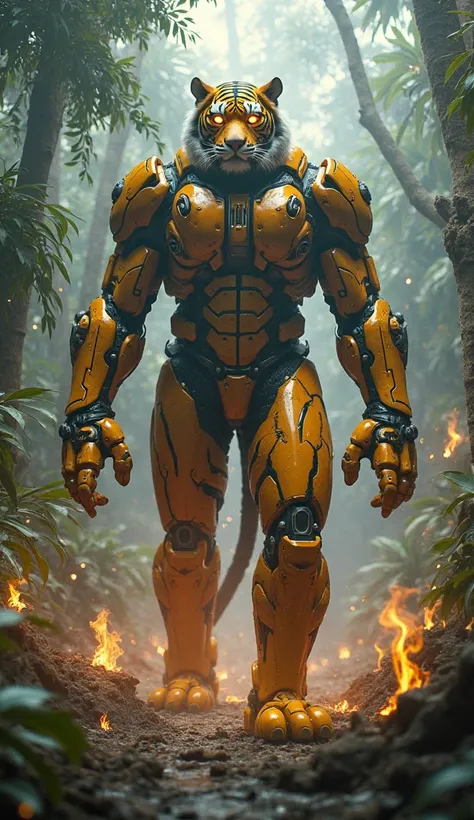 "A hyper-realistic, cinematic depiction of a giant humanoid 'TIGER' standing fully upright, exuding strength and dominance. The colossal being, 200x enhanced, towers over the environment with powerful limbs and glowing 'GOLDEN' eyes. Its posture is fully e...