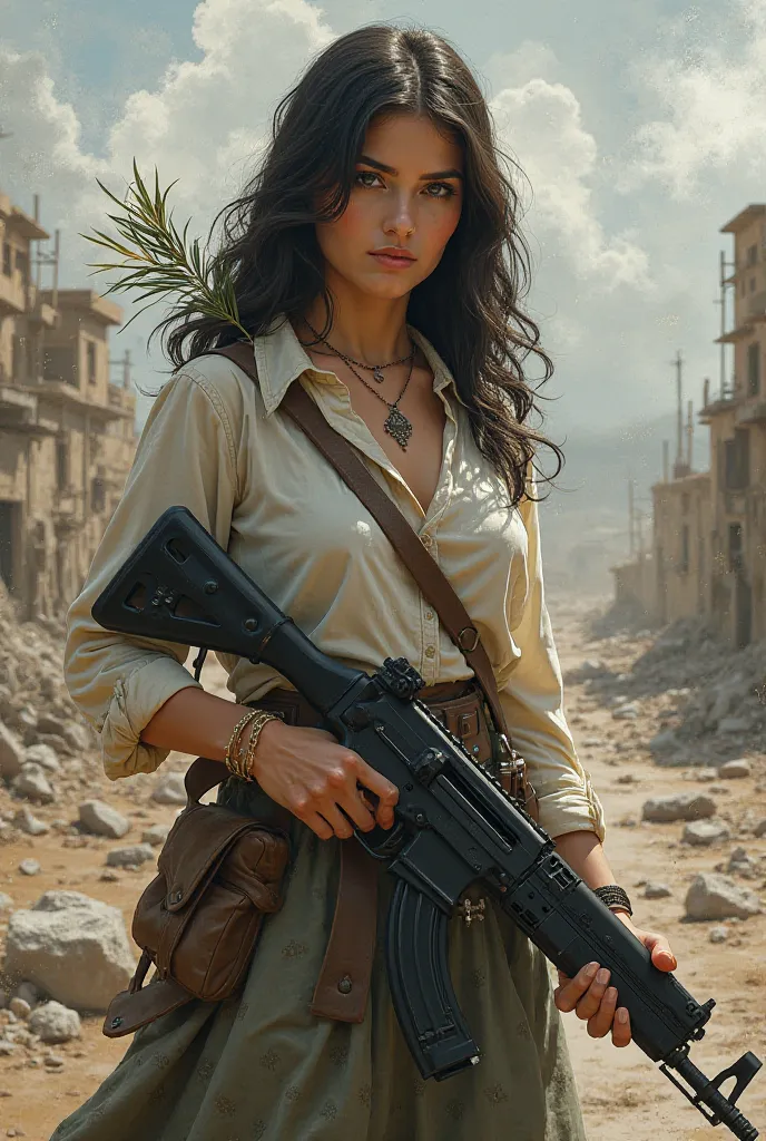 Paloma de la Paz with a submachine gun