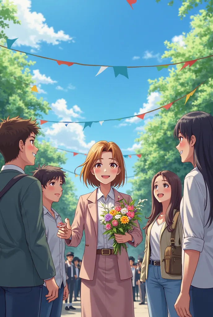 Create an anime picture of a teacher, a woman giving flowers, congratulating a group of students on graduation day, in the middle of the day with a sense of joy.