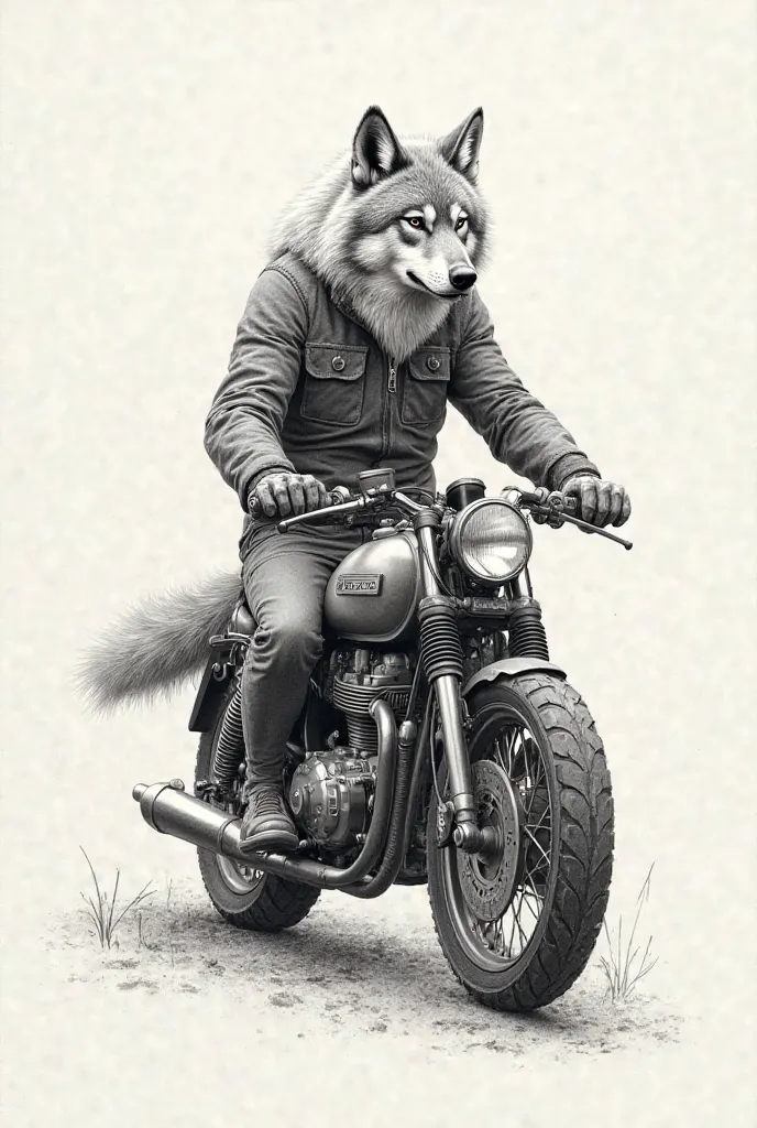 A black-and-white pencil picture with an egg-colored background of a wolf riding a motorcycle