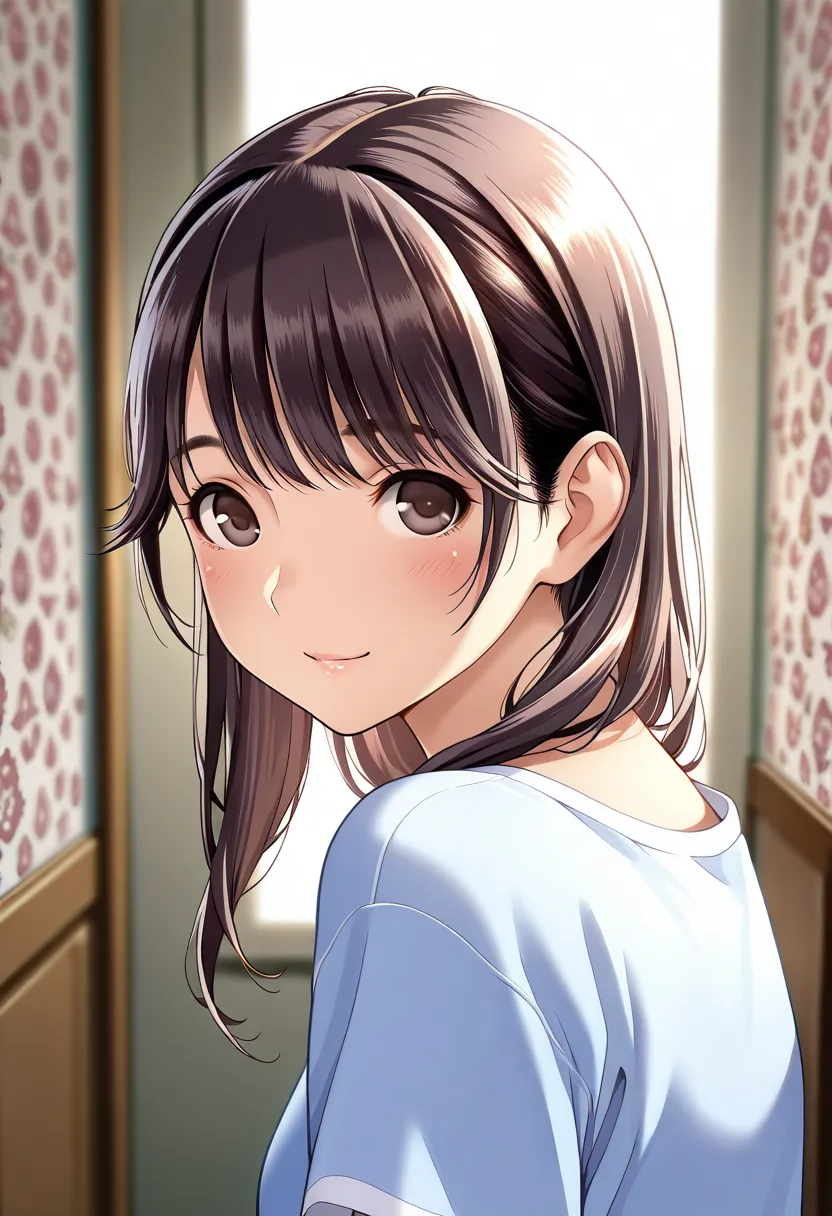 : “Masterpiece, best quality, blurred background, depth of field, portrait:1.3,official art, wallpaper, absurdres, beautiful detailed face, detailed texture, detailed skin,BREAK 1girl,manaka takane, love plus,source_love plus, shirt,shorts,room
