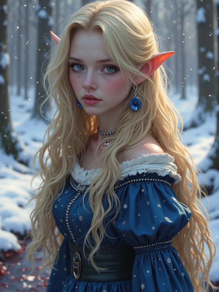 Long Hair, Blonde Hair, Very Long Hair, Pointy Ears with earrings , Best Quality, High Resolution, Masterpiece, Super Detailed, Wavy Hair, Bright Pupils,Hyperrealism, gown , dark blue colors, beautiful girl , background snow covered and rivers of blood ,