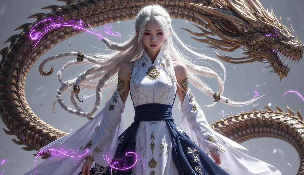 Full body image, Asian woman with long to the ground white hair, braided, lots of ancient Asia ornaments. Her eyes are purple, she has almost white complextion, clothes are white and navy blue in the style of ancient Asia and fantasy mages, sleeveless dres...