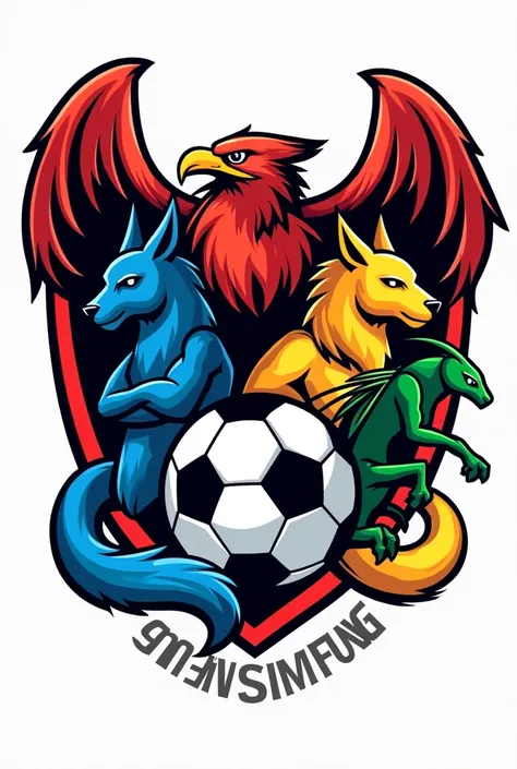 A dynamic sports team logo featuring a soccer ball at the center, Surrounding the soccer ball are a red eagle with wings spread wide, a sleek blue fox with a confident expression, a majestic yellow lion with a strong stance, and strong green hornet. The te...