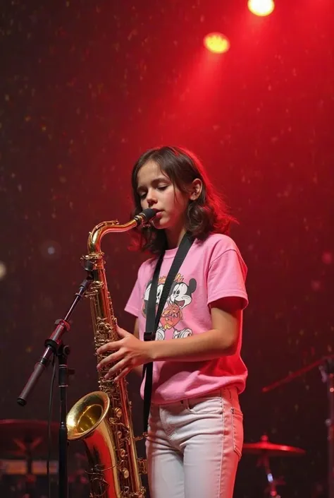 A  realistic girl in a pink  on milky mouse image T - shirt and white jeans is playing a saxophone on stage. The warm red light bathes him, and the rich and mellow sound of the saxophone fills the air.