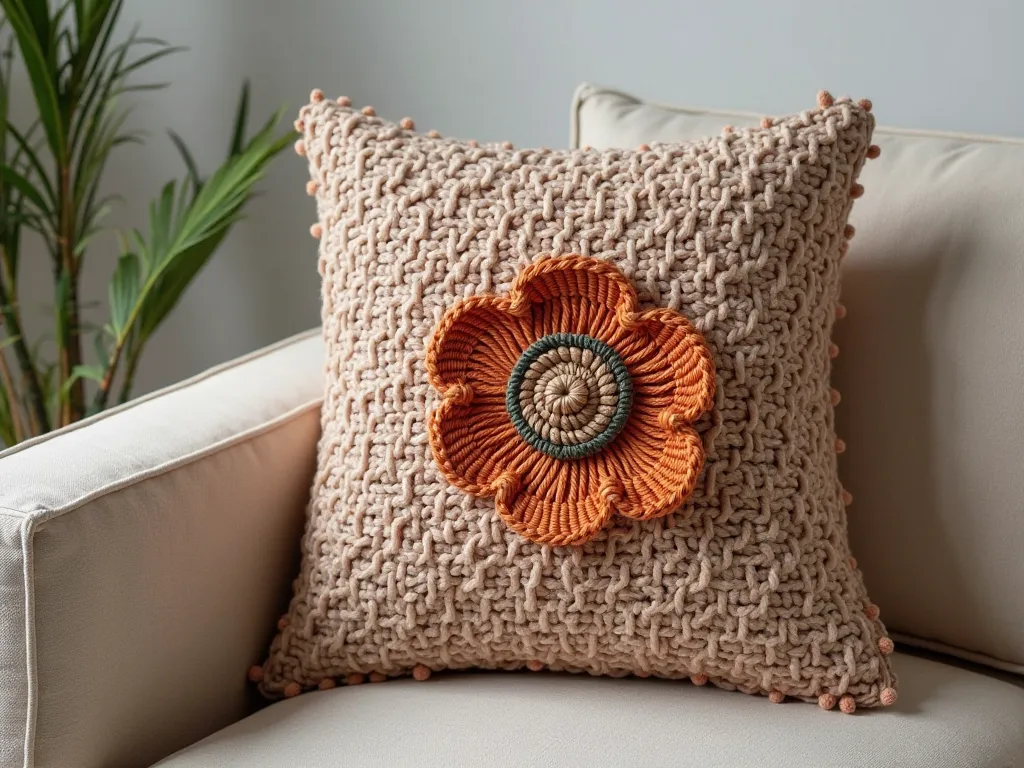   Nice stylish one cushion design crochet with wool luxury small cute new long leaf design on wool simple one flower cushion and separate different design brown color full view pic full room view zoom out one single cushion on small sofa simple fresh brigh...