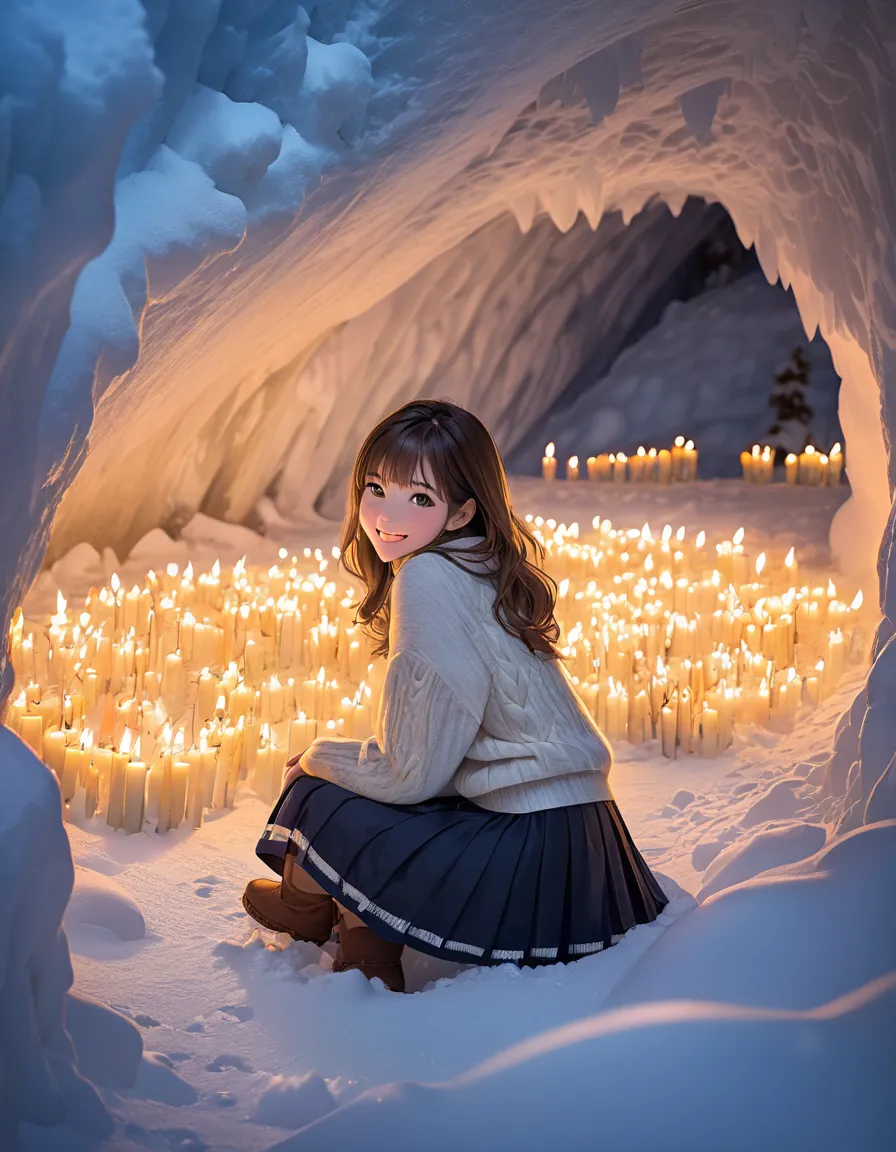 Hundreds of candles lit in a snow cave in a snowy country,  sweater and skirt, wonderful,  masterpiece, At night,  cute girl smiles, is crouching,  look straight ahead