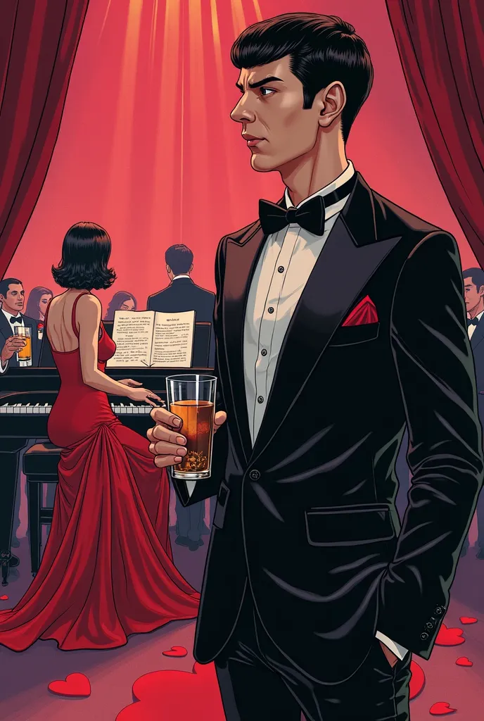 Spock jovem usando smoking de pé tomando um drink, He observes in the background a young woman in a red party dress playing her piano on stage and looking at it , Around a Valentine's Day party, manga style drawing 