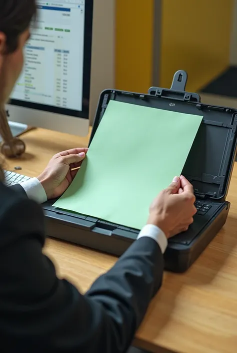 A realistic scene of a person placing a green A4 invoice (completely blank, no visible text) into a flatbed scanner. The scanner is black, with a modern, sleek design, and the workspace has yellow accents. The person is wearing business attire, focusing on...