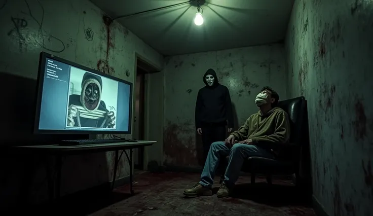 "A dimly lit, bloodstained room with a single flickering lightbulb hanging from the ceiling. A computer screen in the foreground shows a live video stream of a person tied to a chair, their face covered with a bag, as a masked figure looms behind them. The...