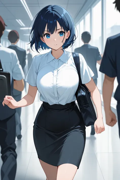 Japanese anime,solo, 1 girl, cute, dark blue short hair, blue eyes, white short sleeve blouse,black skirt,big enough chest, office, is running on the right hand,Multiple People