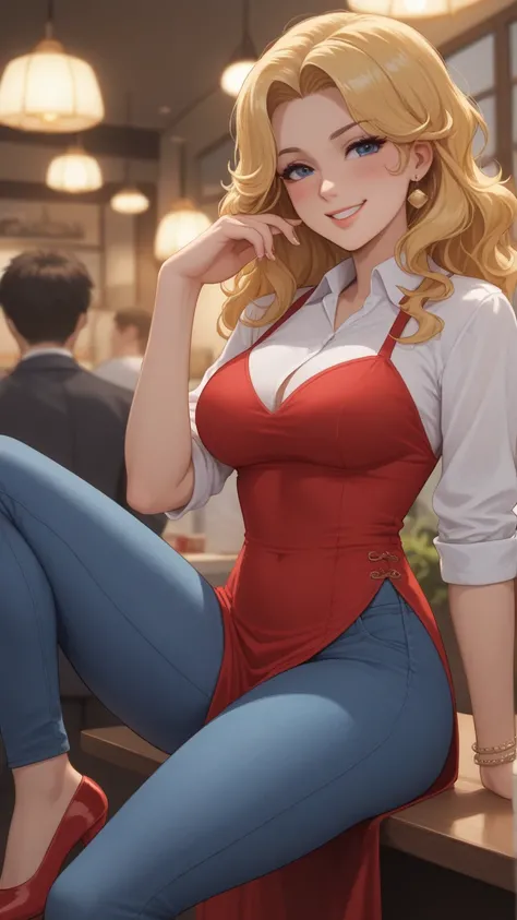 First meeting in a Tokyo cafe**
** Technical Description :**  
- **stage:** A cozy cafe in the Shibuya district, with large windows and warm lights.  
- ** characters:**  
  - **chica:** Wears a tight red dress with high heels,  long wavy hair,  striking b...