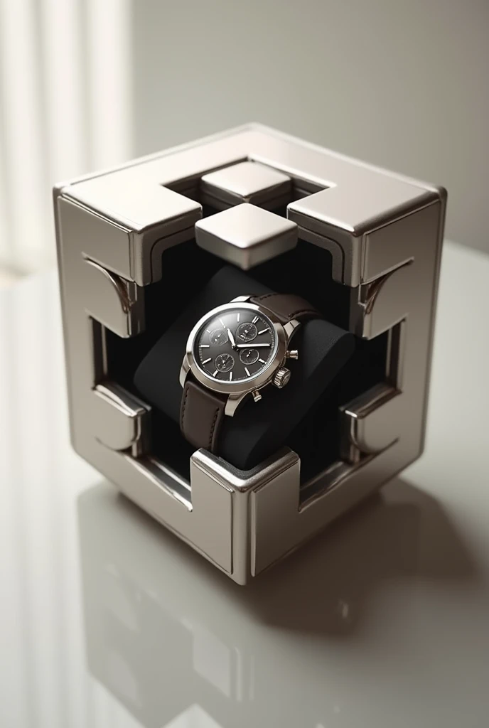 Make an simple box in cubic puzzle style with a watch inside it looking premiuem 