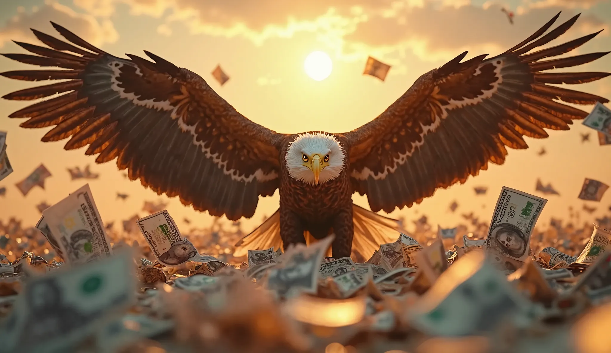 ULTRA REALISTIC IMAGE — An eagle with open wings flat on a sea of money, With dollar bills, euro and pound scattered in the wind. The golden glow of the sun reflects on flying banknotes, creating a cinematic scene of unlimited wealth and absolute power.  c...