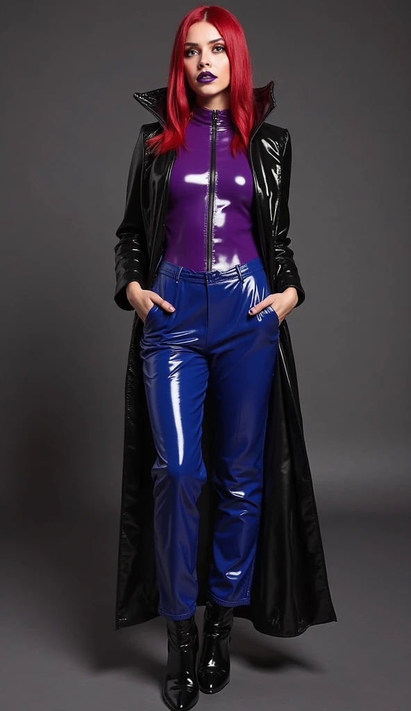 femme, body à col montant en latex violet foncé avec fermeture éclair sur toute la longueur, Pantalon large en latex bleu clair, veste tailleur transparente en pvc noir, serre-taille latex noir, cuissardes à talons hauts noirs en vinyle, cheveux rouges, ma...