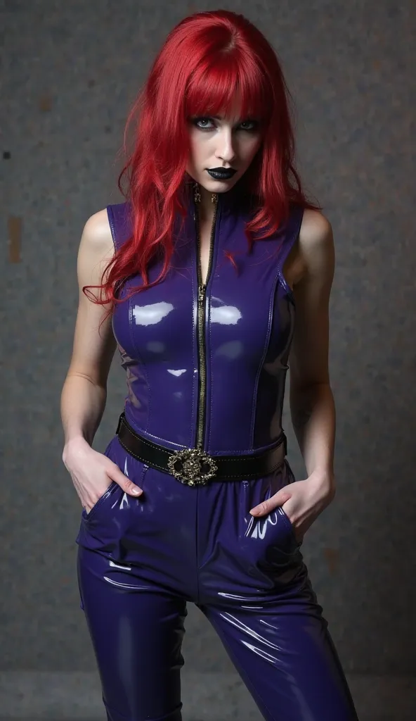 femme, body à col montant en latex violet foncé avec fermeture éclair sur toute la longueur, Pantalon large en latex bleu clair, veste tailleur transparente en pvc noir, serre-taille latex noir, cuissardes à talons hauts noirs en vinyle, cheveux rouges, ma...