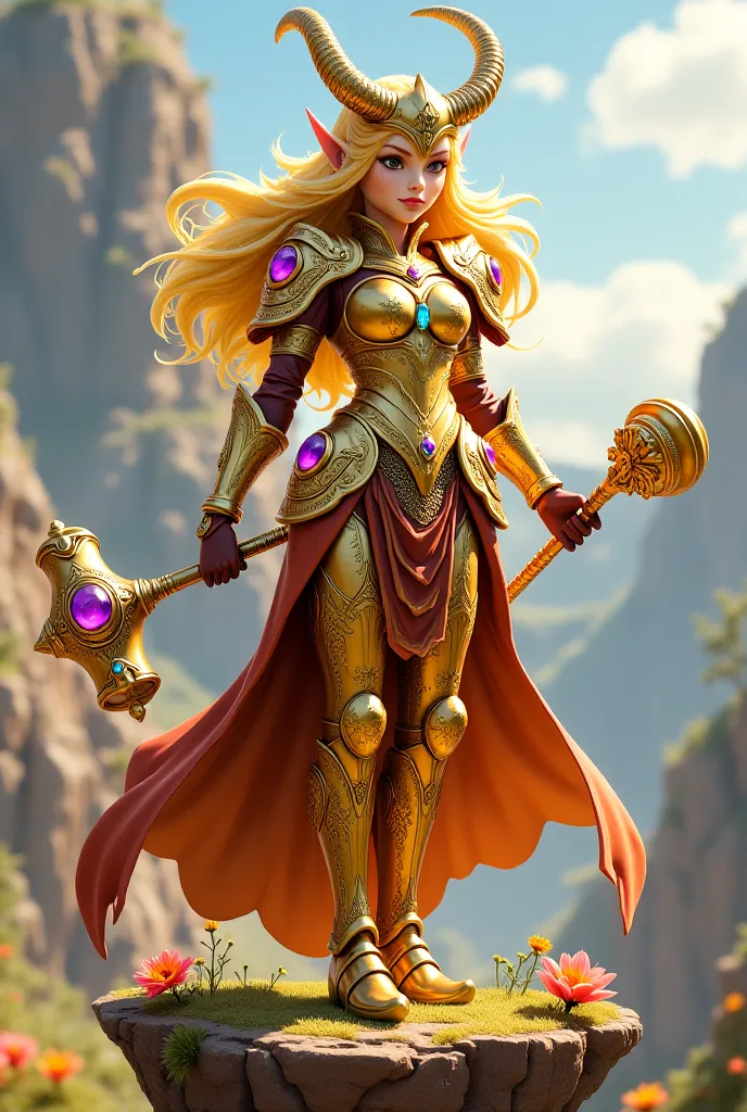 . The image of a female character wearing luxurious gold armor is adorned with multi-colored gems. The details are as follows:
. The head ornament of the character has golden hair and has golden hair. A long horn protruding from the helmet, which has a pur...