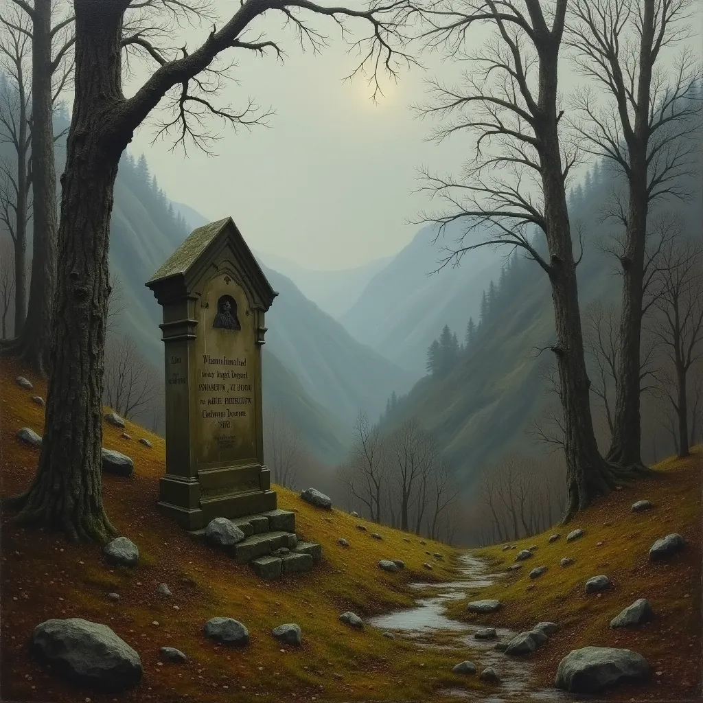 Painting 19th century. Autumn. Rain. Afternoon. low sun. Mountain cemetery. A Tombstone with text "He lived in the grimstone mines, and he died in the grimstone mines."