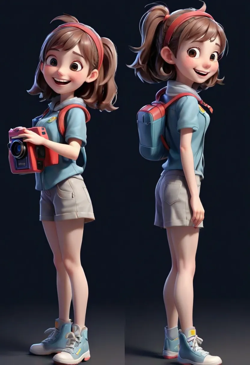 Two head height ratio，one Q version standing girl，full body，3d，character design， happy and happy ，Girl standing with camera sense，High degree of completion，full body，Multiple angles，  front view，Right side view ，  left side view  ，rear view，Multi-dynamic，M...