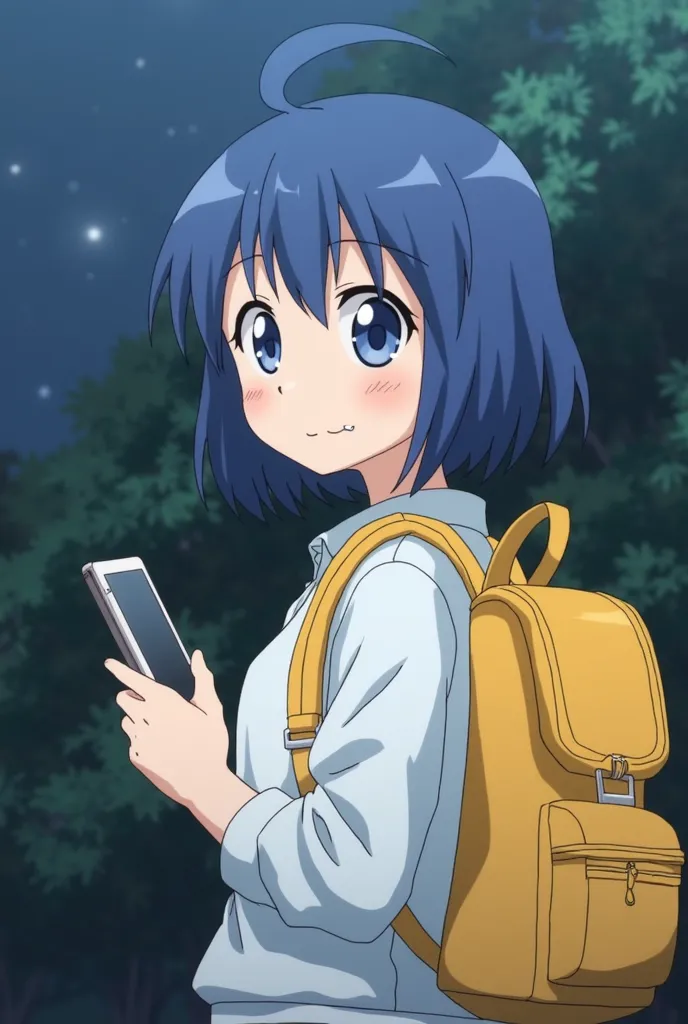 anime girl with blue hair and a yellow backpack holding a cell phone, safebooru anime image, gelbooru anime image, today's featured anime still, she has a cute expressive face, anime screencap, 2 0 1 9 anime screenshot, nighttime!!, in the anime film, rin,...