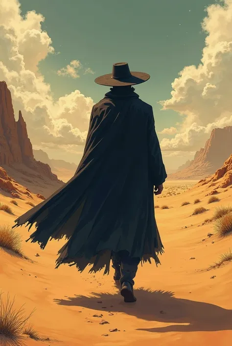 A man with a big black overcoat and a hat that covers his eyes walking in a desert Anime style 