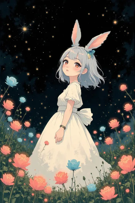 ( masterpiece, top quality:1.2),minimalism, little cute rabbit girl, girl\((big slime),happy expression,(Big ribbons on the ears, cute ribbon、gold ribbon\),Rabbit tail , rabbit ears, very fluffy ears 、White Ear、 very long hair,Gray Hair,Warm deep red eyes ...