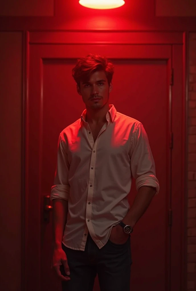 Red emergency light on the ceiling in the background, 18-19 years old,  with brown hair,  with blue eyes, with white shirt, in the middle has a handsome hand in his pocket 