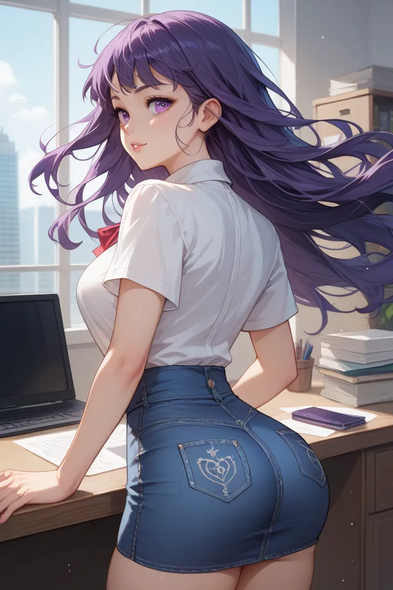 Draw Misha, an anime-style female character. Long dark purple hair loose at the back.loose hair in the wind.  purple eyes. Very perky and perfect life-size breasts.  thin waist. Big and very hot ass . Wearing a black blouse with short sleeves and a low wai...