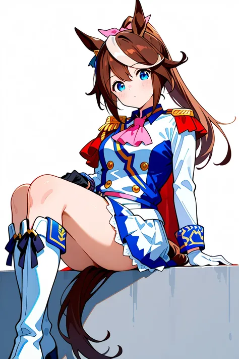 tokaidef, horse tail, long hair, hair flaps, high ponytail, hair ribbon, pink ribbon, animal ears, red cape, multicolored jacket, two-tone jacket, white jacket, blue jacket, epaulettes, single epaulette, pink ascot, buttons, double-breasted, long sleeves, ...