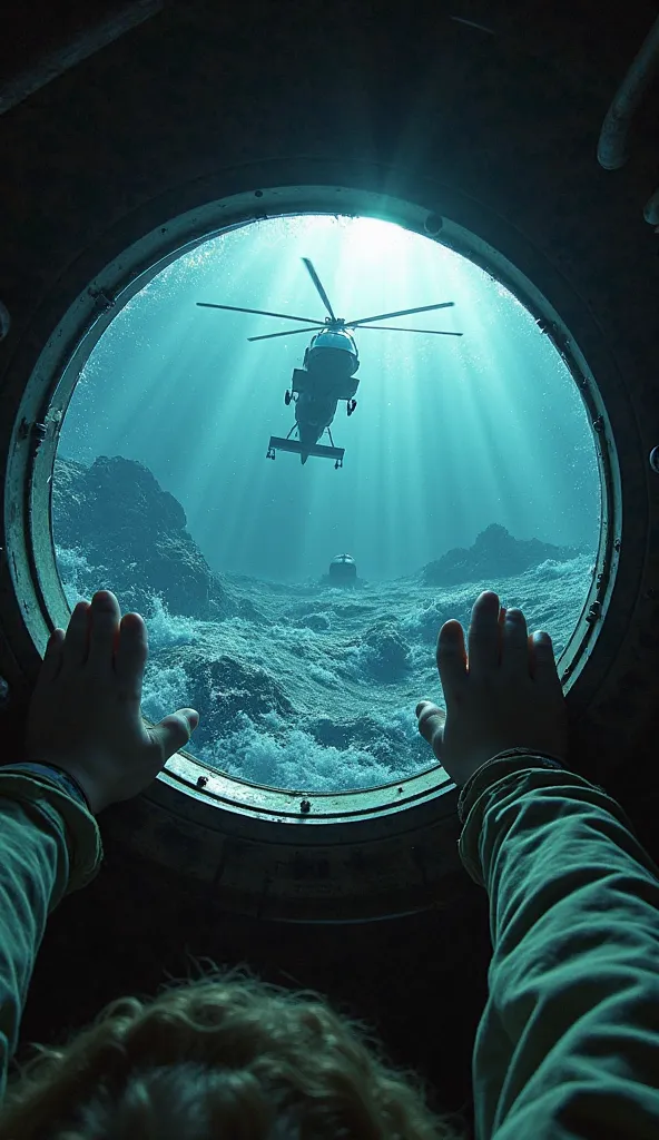 POV I'm an astronaut inside a capsule floating in the ocean, seeing her hands firmly hold the internal supports while the water rocks the ship. Light enters through the small window, revealing the silhouette of a Navy helicopter approaching. The sound of e...