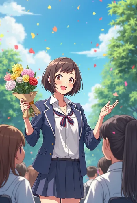 create picture An anime-style illustration of a female teacher joyfully presenting flowers to a group of students on their graduation day during the daytime, celebrating their achievement with happiness.