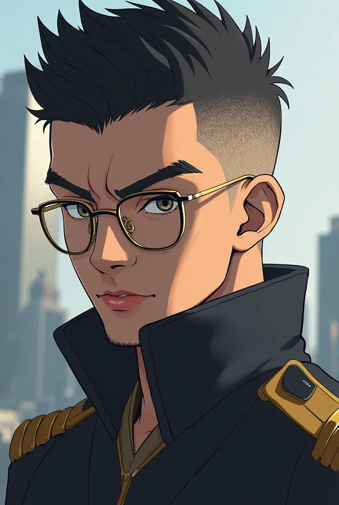 Generate a anime male character Whose hair is black buzz cut and he wear golden eye glasses