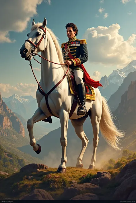 Act like a design expert and generate a high-quality image of Simon Bolivar riding his white horse