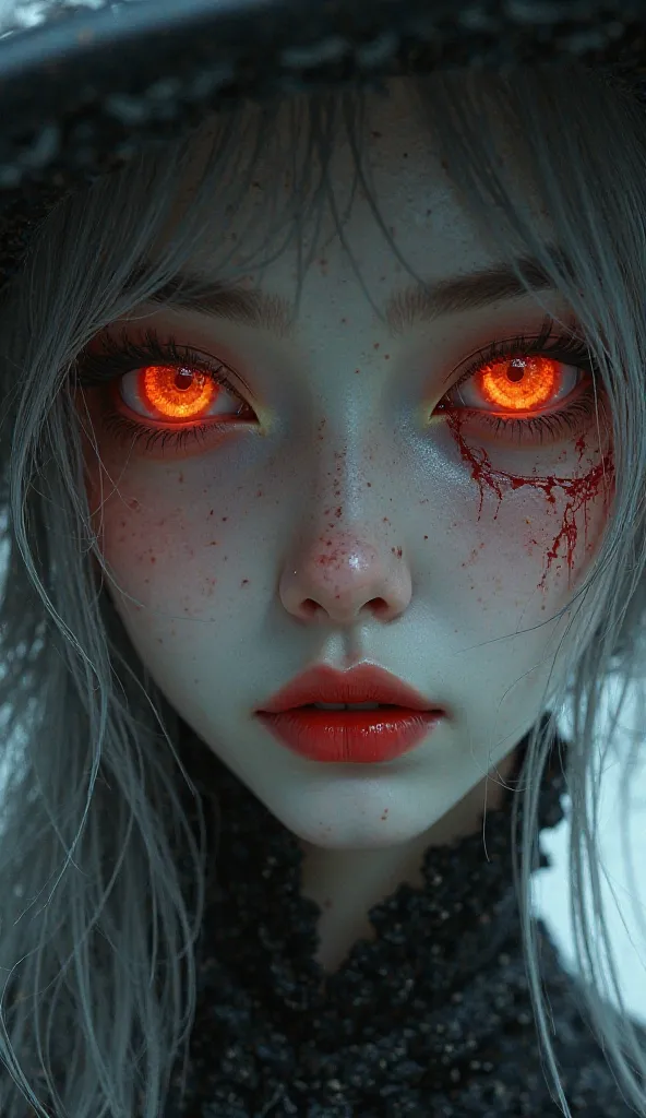 A highly detailed, realistic digital painting of a mysterious and elegant female figure with pale porcelain skin. Her face is of striking, ethereal beauty with fiery orange eyes, glowing like burning embers. Dark red stains and delicate wounds surround her...