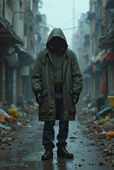 an old jacket standing in the street (the jacket is a jacket not person, it has its own personality). the background is a futuristic city where there is a lot of trash. It is also dark and raining. make the image horizonatal 