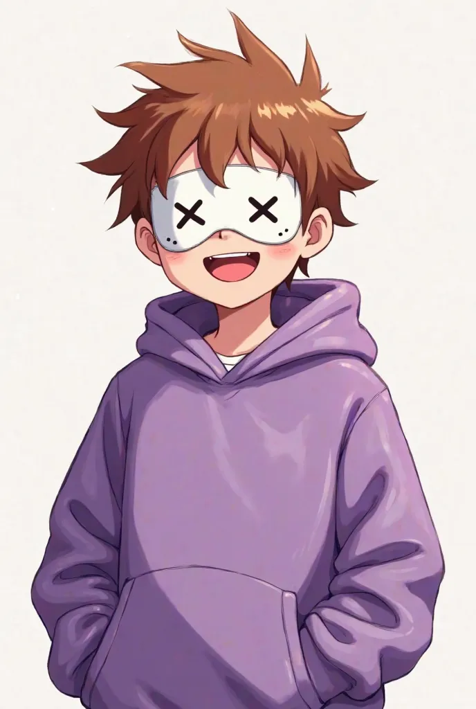 Draw an anime boy with an oversized purple sweatshirt wearing a white mask with 2 x over his eyes is a smile that expresses happiness and a tuft of brown hair that comes out of the sweatshirt .