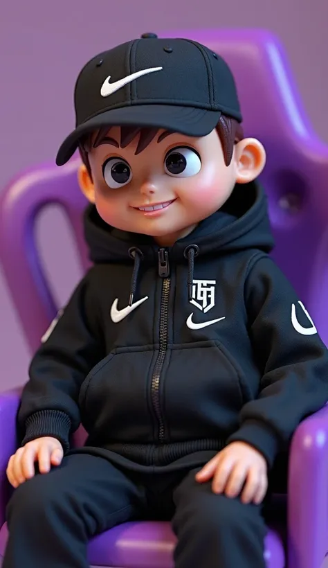 a close up of a male toy wearing an all black streetware style uniform and a backwards hat both from the nike brand, nike, highly detailed 8k ❤❤❤🔥 🔥 💀 🚀, football mascot, sitting in a purple chair, fvckrender, official fan art, promotional render, cartoon ...