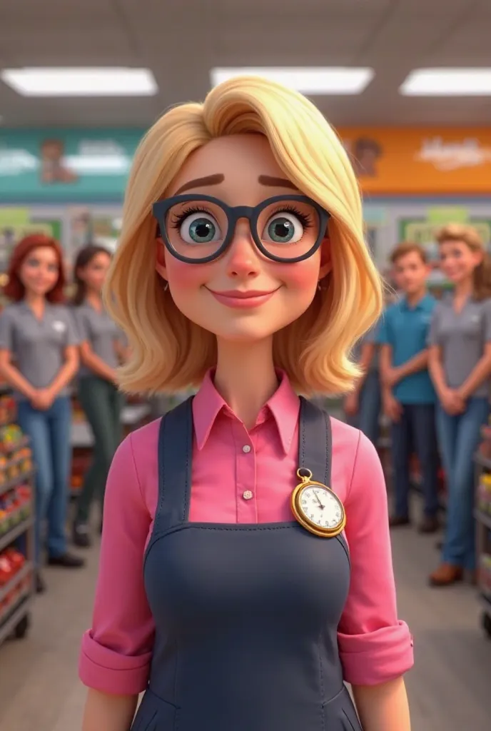 A slightly chubby girl in her 30s, blonde, with a kare-style hairstyle,  smiles . In a bright pink blouse and a dark blue vest with a badge and glasses. Against the background of a grocery rack and cash registers in a grocery supermarket. The picture is ma...