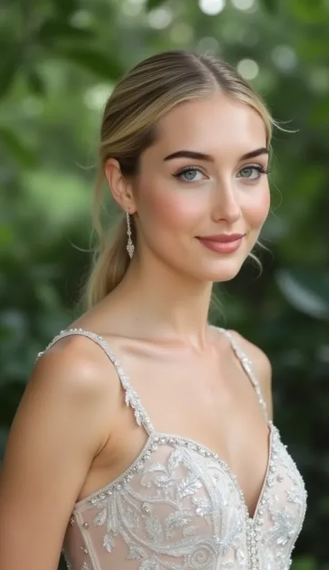  blonde woman  heloisehuthart, Young princess, looking at viewer, light smile, closed mouth,   alluring, clean, beautiful face, pure face, highly detailed wedding gown, small breast, rainforest, masterpiece, best quality, high resolution, 8K , detailed sha...