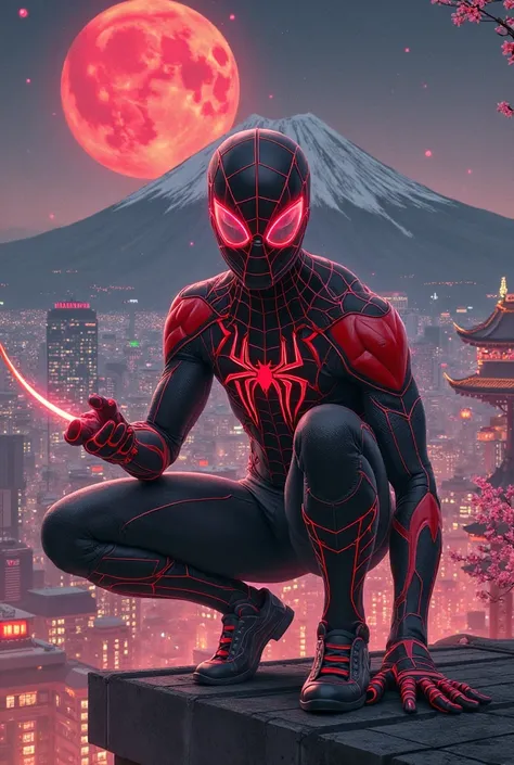 Create a Spider-Man-style superhero inspired by Japan. His suit is sleek and high-tech, featuring red, white, and black colors inspired by the Japanese flag. The design incorporates intricate samurai armor patterns and subtle cherry blossom motifs. The che...