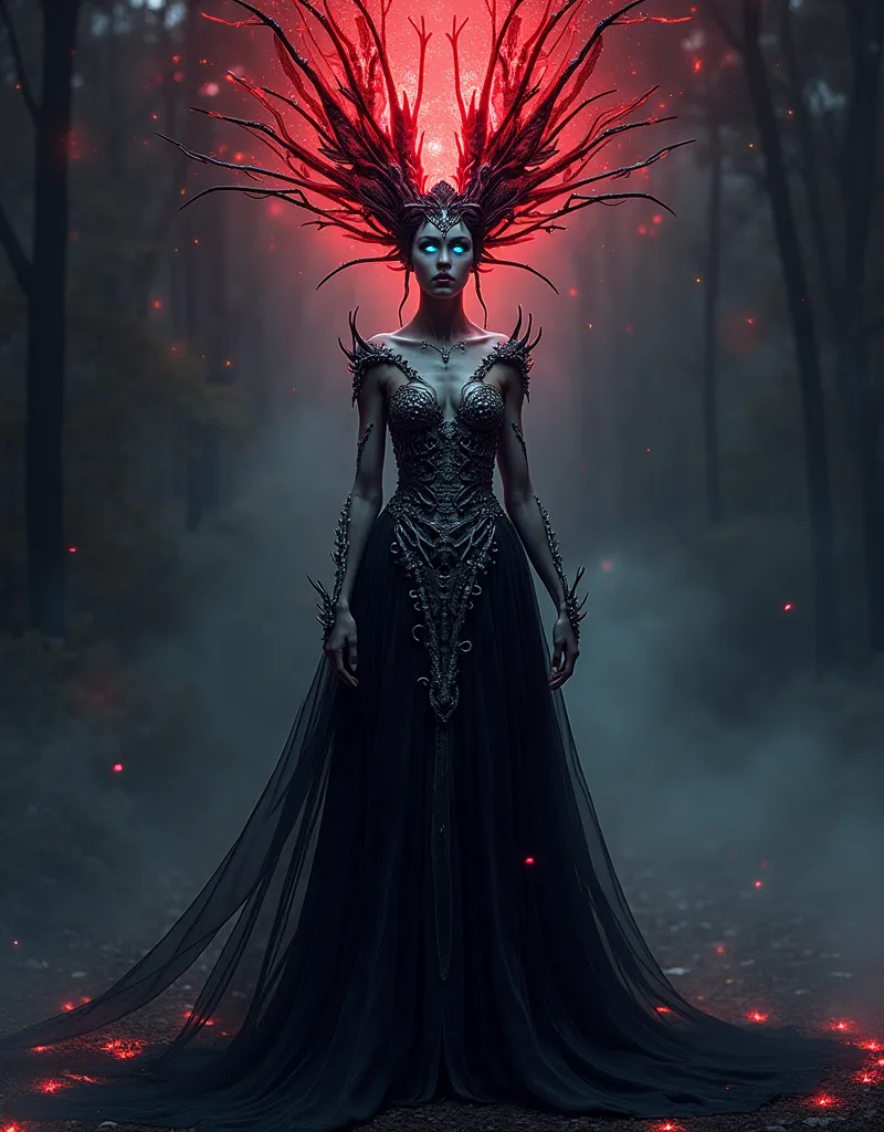 A beautiful demon woman

Design a beautiful demon woman adorned with an intricately detailed, glowing red crown of spikes. She should be wearing a long, flowing black dress that features silver skeletal elements, seamlessly blending elegance with a touch o...