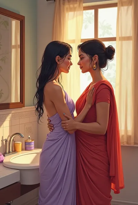 Nirmala stands in front of the bathroom mirror, freshly bathed and wrapped in a towel around her waist. Her wet hair is slicked back and loosely falls around her shoulders. Shama, in a red saree and traditional attire , stands behind her with her hair neat...