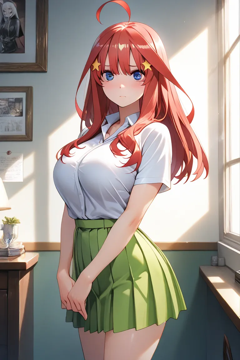 1girl,nakano_itsuki, blue eyes, red hair, long hair, ahoge, star hair ornament, short sleeves, white shirt, collared shirt, green skirt, pleated skirt,JK, (masterpiece:1.3),(ultra detailed:1.3),(best quality:1.3),(extremely detailed CG :1.2), (detailed bea...