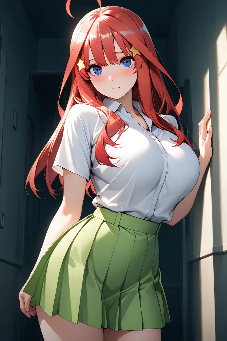 1girl,nakano_itsuki, blue eyes, red hair, long hair, ahoge, star hair ornament, short sleeves, white shirt, collared shirt, green skirt, pleated skirt,JK, (masterpiece:1.3),(ultra detailed:1.3),(best quality:1.3),(extremely detailed CG :1.2), (detailed bea...