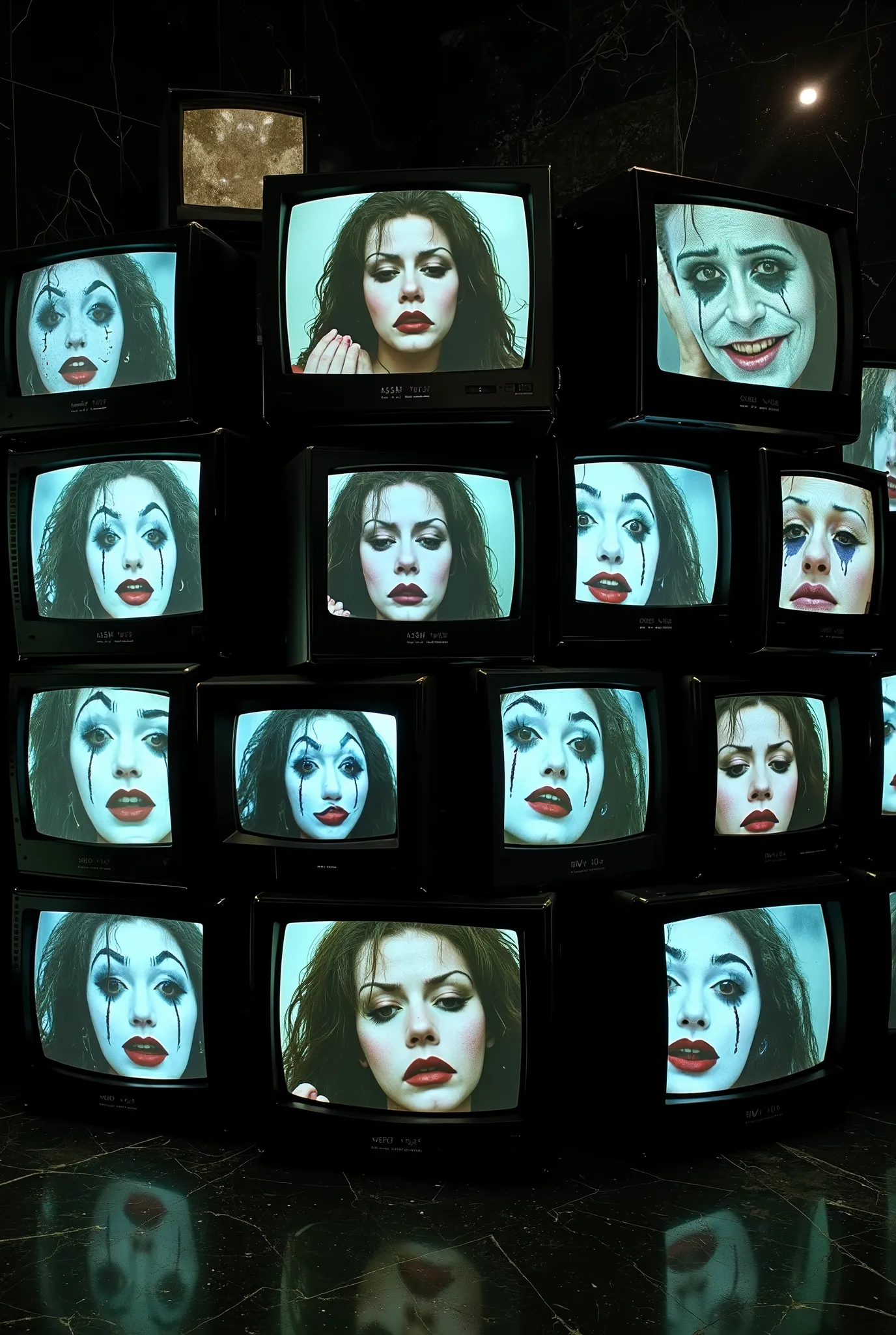 A massive **wall of old CRT televisions**, stacked chaotically in the darkness, their **flickering screens filled with grainy VHS visuals of a brunette woman in full SAD CLOWN makeup**. 

Each screen **glitches and distorts**, showing her **violently sobbi...