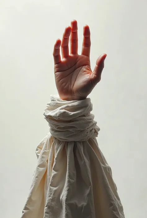 one hand over another hand, tied with a cloth, white background, detailed hand gesture, intricate cloth texture, moody lighting, dramatic shadows, cinematic composition, high contrast, oil painting, masterpiece, ultra-detailed,4K,HDR,physically-based rende...