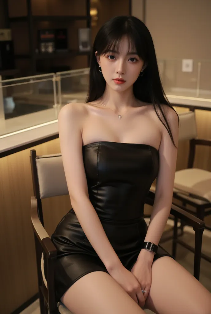 Black long straight hairstyle for young women black one-piece hip leather skirt strapless low-cut male sitting position business line bar