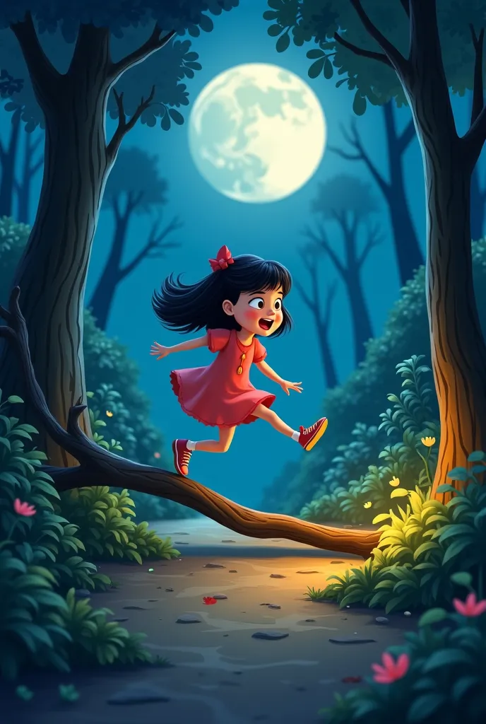 animation of a girl  getting tripped on a branch at night