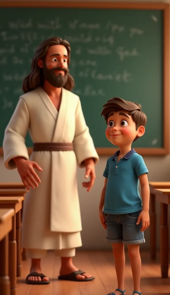 "A 3D animated scene in a classroom setting. A young boy with short brown hair, large expressive eyes, and slightly tanned skin wears a blue polo shirt and denim shorts. He has an innocent and curious expression as he looks up while speaking. Beside him st...