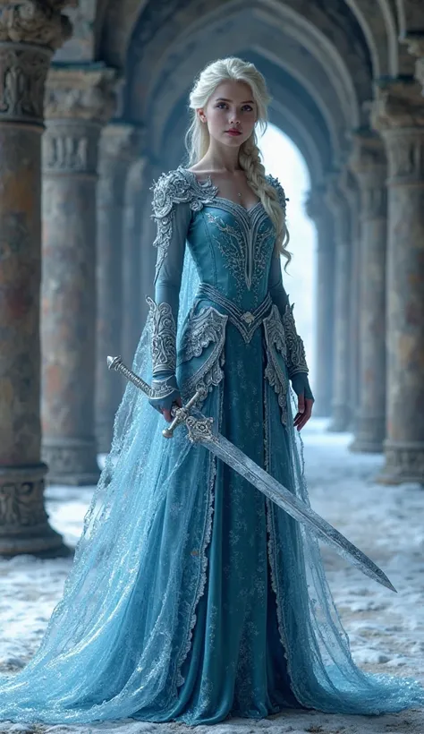 ((Hyperrealistic))((Photorealistic)) Princess Elsa is a Ice/Paladin with armor made from dark ice and she wields Frostmourne, in a Corridor with stone pillar's. She is looking at the viewer. Full-body view. 